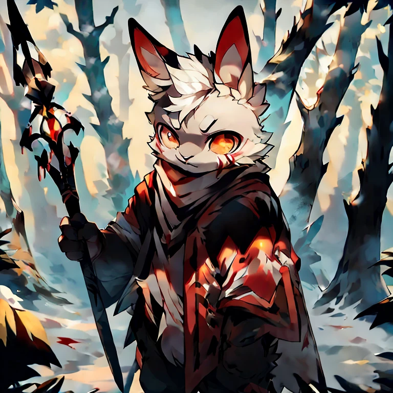 ( male white bunny)  ( white cloak with golden on it ) ( forest cover in snow  )  ( holding a staff) ( covered in blood) ( death glare)