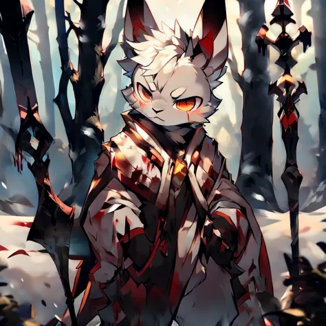 ( male white bunny)  ( white cloak with golden on it ) ( forest cover in snow  )  ( holding a staff) ( covered in blood) ( death...