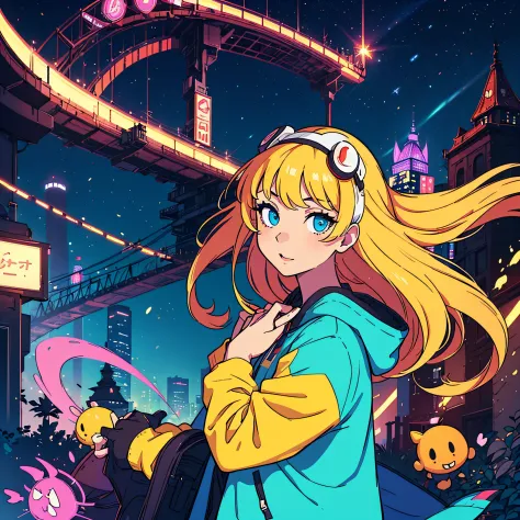 a beauty girl　nostalgic　City Pop　Retro　Old anime super high quality　colourfull　neon color　Irridescent color