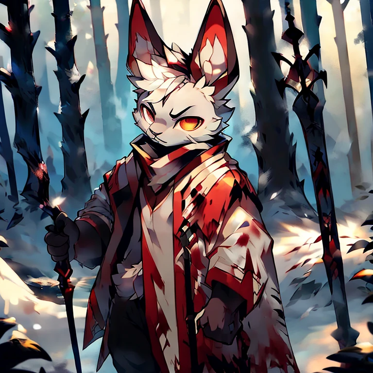 ( male white bunny)  ( white cloak with golden on it ) ( forest cover in snow  )  ( holding a staff) ( covered in blood) ( death glare) (hand crashing something and blood flowing out of it)