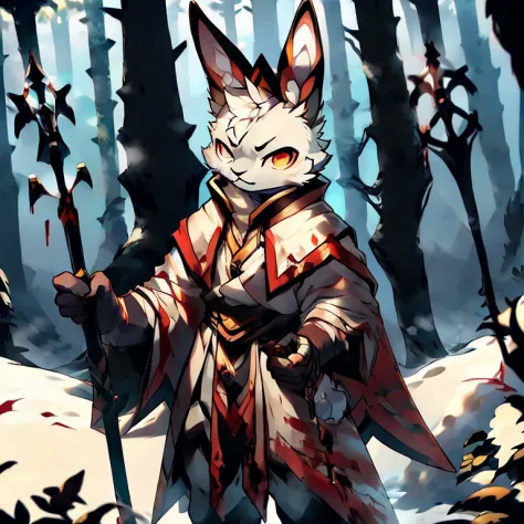 ( male white bunny)  ( white cloak with golden on it ) ( forest cover in snow  )  ( holding a staff) ( covered in blood) ( death...