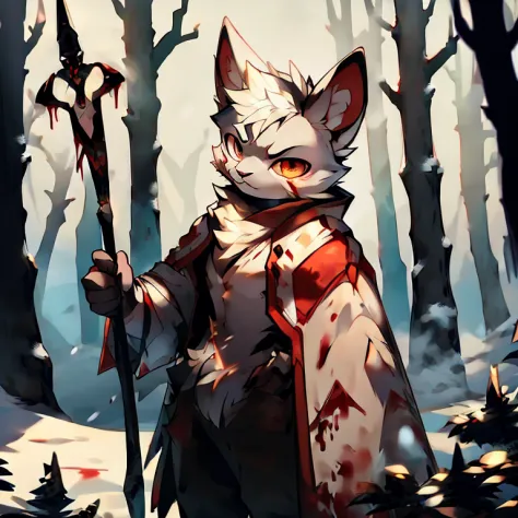 ( male white bunny)  ( white cloak with golden on it ) ( forest cover in snow  )  ( holding a staff) ( covered in blood) ( death...