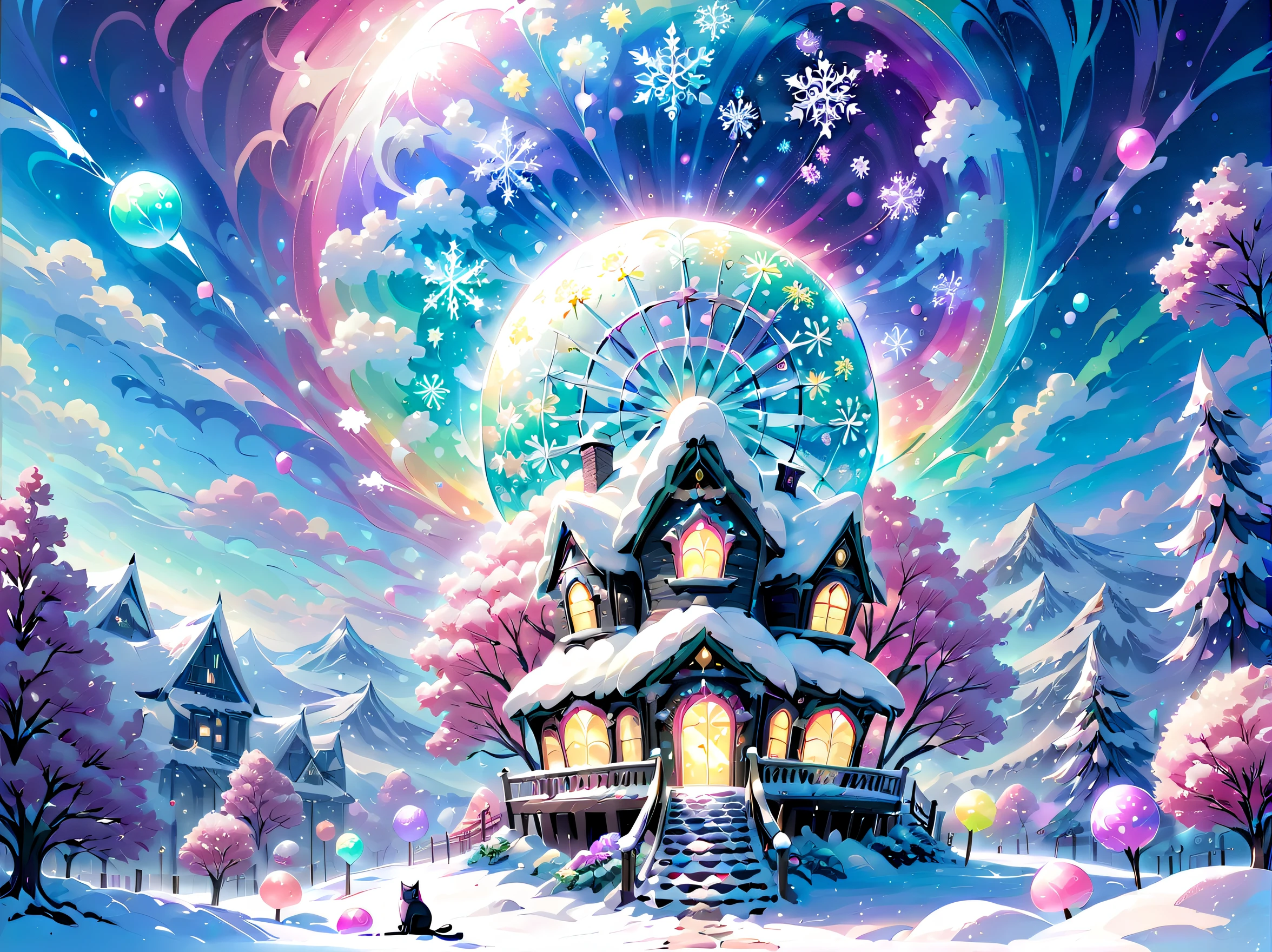 (Fine detail illustration of a very epic snow fantasy:1.1), fantasy universe world mysterious pop fantasy clouds and mysterious pop tree, Surrounded by the aura of candy house light, A dreaming cat looks up at the sky, It turns into an irrational nature of conscious thought and energy, A background that embodies endless possibilities, A colorful moon in the haze of reality and fantasy, An impressive world created by a magnificent imagination, A symbol of dreamlike beauty, The complexity of the universe and the interconnectedness of all things, Illustrations that capture the delicate mysteries of the universe, (snowflake coating:1.1), (snow candy falling:1.3). pastel flower water ride, Neon glowing snowflake ferris wheel, floating sphere pastel goth ball,