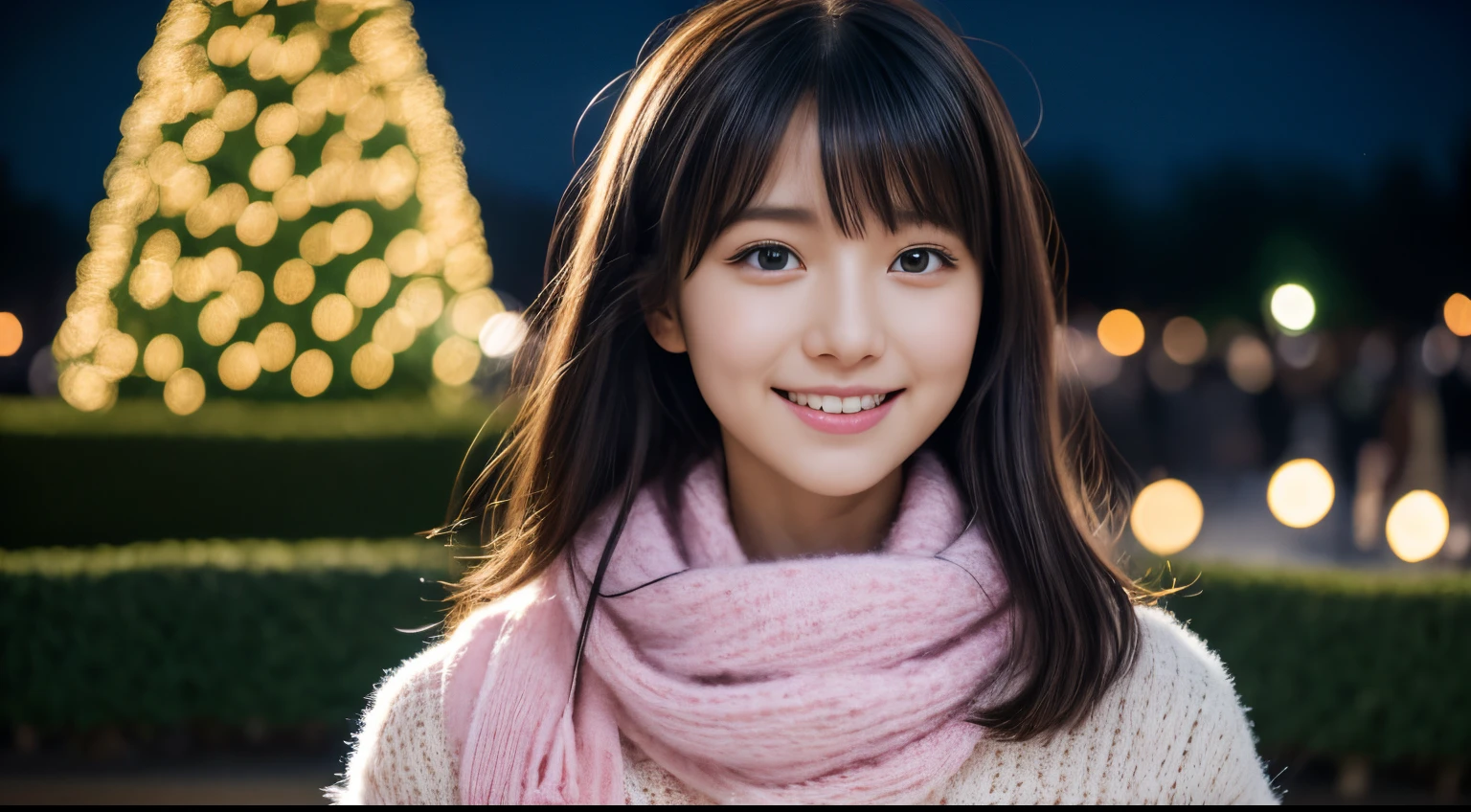 1girl in, 18year old、Gravure model for Japan, (cute little, a beauty girl,profile:1.2),Profile 1.1、Modest big,  𝓡𝓸𝓶𝓪𝓷𝓽𝓲𝓬, (Please look up at the big Christmas tree in the night sky and pray.:1.5)、(A night town with beautiful Christmas illuminations:1.4), (fluffy white wool sweater:1.3),  (Pink scarf:1.2), (Green Plaid Pleated Skirt),　beautiful xmas city background、   A dark-haired、Pray、A smile、 Best Quality, hight resolution, Detailed skin, Detailed face and eyes, Hi-Res, Natural lighting, Perfect Anatomy, Physically-based rendering, Photorealistic, symmetric clear eyes, Well-groomed face,Teenage girl, Perfect figure, Transparency, hposing Gravure Idol,