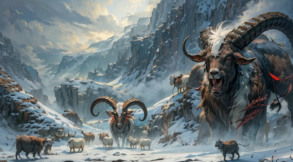 realisticlying, A high resolution, softlighting,scary frontal sheep head，Red eyeballlood，Look at the audience，Many horned monster，（（Goat monster sealed by  and snow）），Cthulhu style， skates，sheer cliffs，precipitous，acrophobia，, plateau,dark cloude，grass field,extremely detaile,torogao,