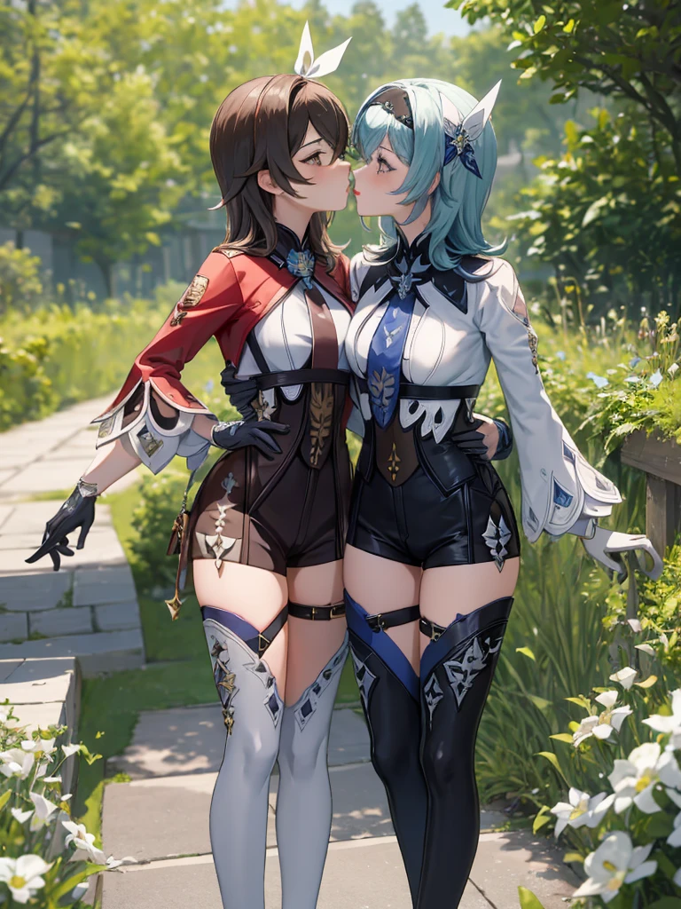 (masterpiece, best quality), multiple girls, 2girls, kissing, kiss, yuri, standing, Europe background, windmill, sunny, blush, embarrassed BREAK euladef, height 170 cm, short hair BREAK amber5star, height 163 cm