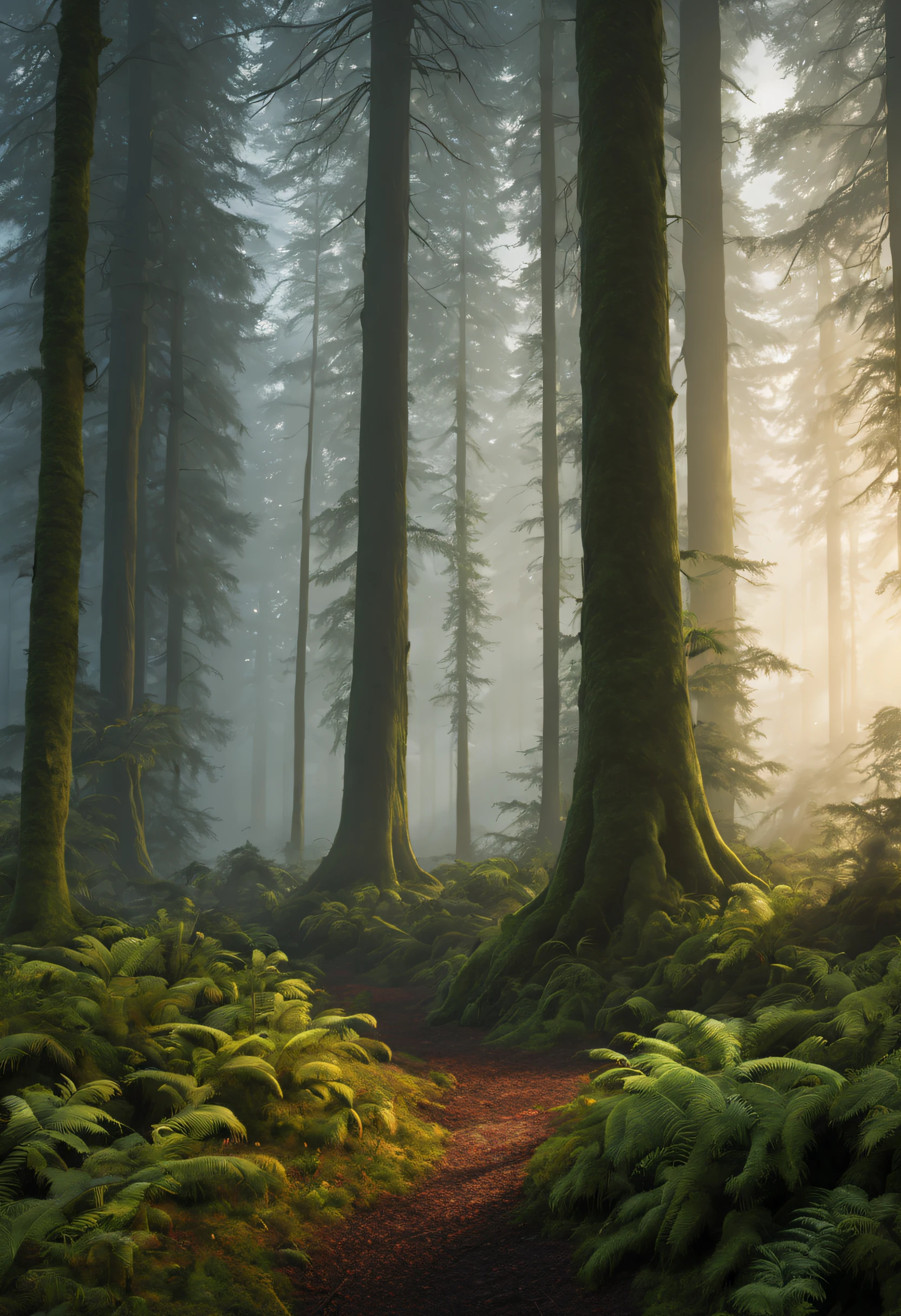 (最好的质量,4K,8千,高分辨率,杰作:1.2),极其详细,(实际的,photo实际的,photo-实际的:1.37),黎明时分的迷雾森林,高大的树木伸向天空,远处山丘上的第一道曙光,苔藓和蕨类植物覆盖着森林地面,雾气在树干间飘荡,天然材料,柔软的,微妙的颜色,柔和的阳光透过森林树冠照射进来,和平的气氛