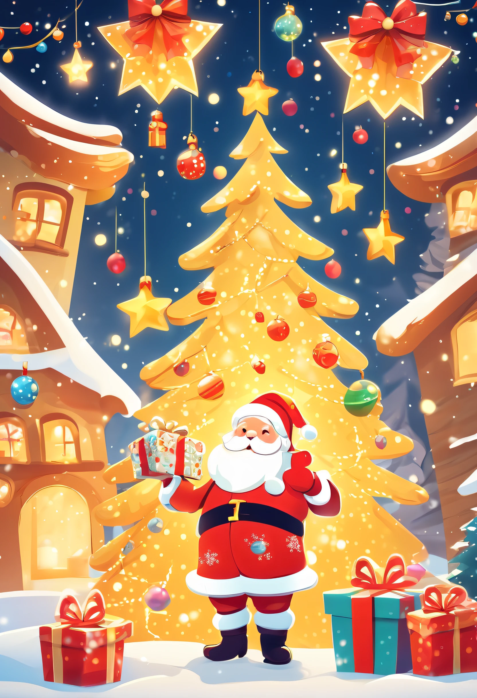 3 Rendering, christmas eve scene, There is a big Christmas tree in the middle of the poster, Decorate with colorful lights, star curtain in sky, and gift box on the snow. Cute and kind Santa Claus holding gifts, warm yellow background and bright night