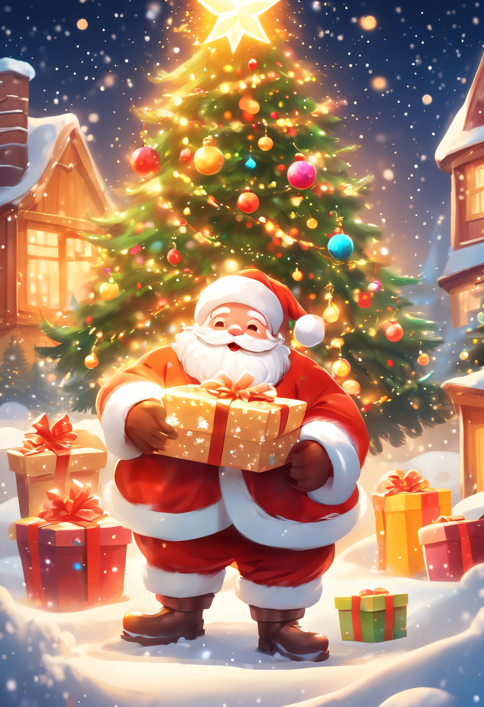 3 Rendering, christmas eve scene, There is a big Christmas tree in the middle of the poster, Decorate with colorful lights, star curtain in sky, and gift box on the snow. Cute and kind Santa Claus holding gifts, warm yellow background and bright night