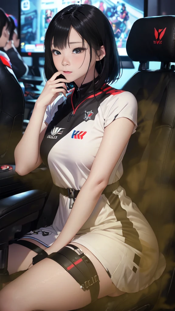 ((velocity)),Attacked by farts, (((Women farting))),(girl farting while seat on seat and playing game on smartphone)),frowned,detailed eye,blushing,velocity,(a female pro player), (wearing a e-sport jersey and dress),(thigh high),(beautiful body shape),(sit facing the screen),(short hair black hair),(Asian woman),(gaming tournament),(masterpiece:1.2、top-quality)、(the Extremely Detailed CG Unity 8K Wallpapers、Ultra-detail、Best Shadows)、(Detailed background)、(The best lighting、extremely delicate and beautiful)、depth of fields、1girl in、report、upward looking gaze、