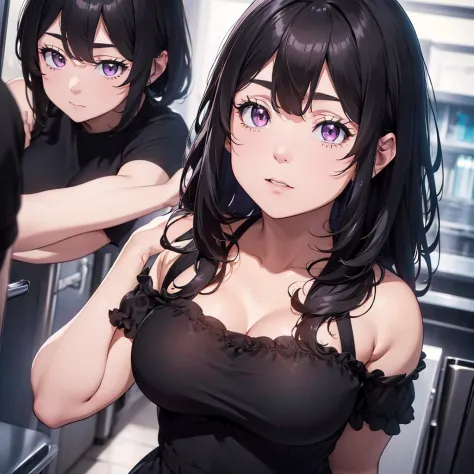 (best quality,4k,highres,masterpiece:1.2),ultra-detailed,(realistic:1.37),chubby woman, long black hair with bangs, violet eyes,...