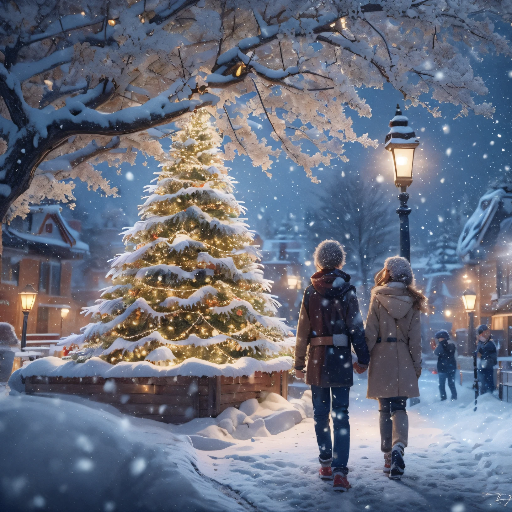 Dichte weiße Schneewelt，Ein riesiger Weihnachtsbaum steht hoch in der Mitte der Stadt，Das&#39;Voller Sternenlaternen，Diamant，Weihnachtsbaumzweige mit dickem Schnee bedeckt，Passen Sie die Beleuchtung an，Der Himmel schneit immer noch，Vor dem Weihnachtsbaum, Jungen und Mädchen halten sich an den Händen，den Baum betrachtend，Schreibe wunderschöne Gelübde，Ultra-HD-Bildqualität，Ultra-detaillierte Darstellung，Kontrastreiche Farbwiedergabe，proporções perfeiDas，Traumliebe schön，Realistisches Licht，Uptrend，Meisterstück，Handschrift，8K，Filmische Textur，Aufwendige dekorative Details