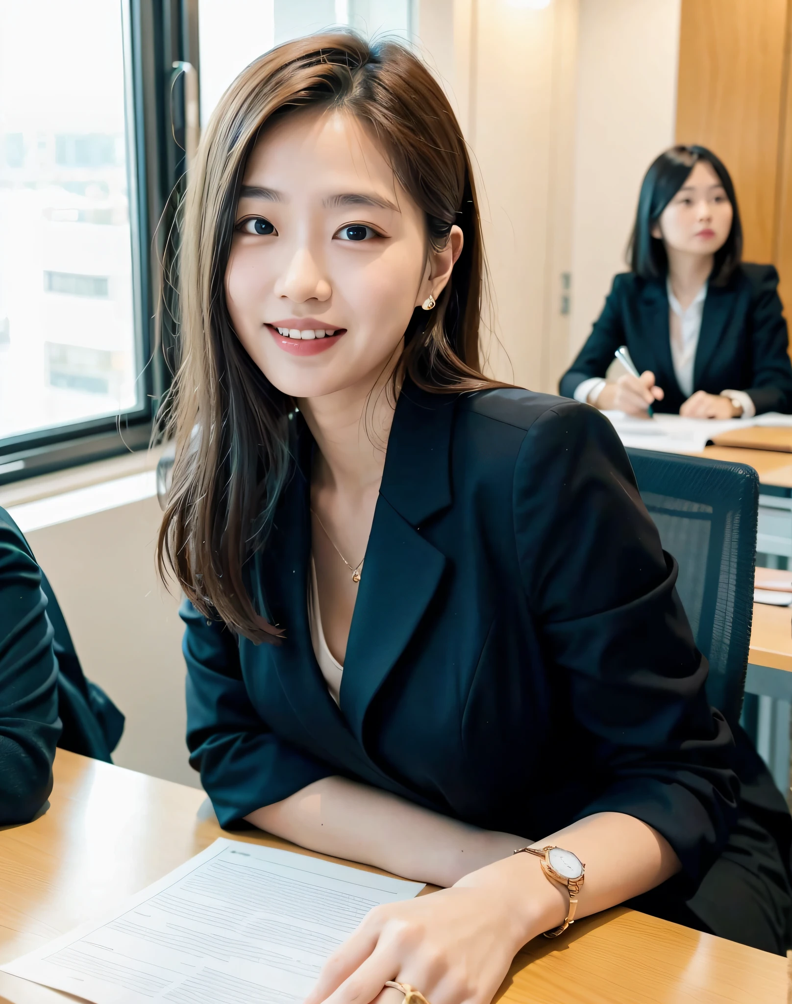 There was a woman sitting at a table with a book..., Woman in business suit, Wearing a business suit, wearing black business suit, female lawyer, Girl in suit, Woman in black business suit, Korean Woman, young business woman, Girl in a suit, corporate portrait, Choi Hong Hwa, jiyun chae, Wearing a business suit, lee ji-eun,Please make it horizontal size、Remove the woman behind