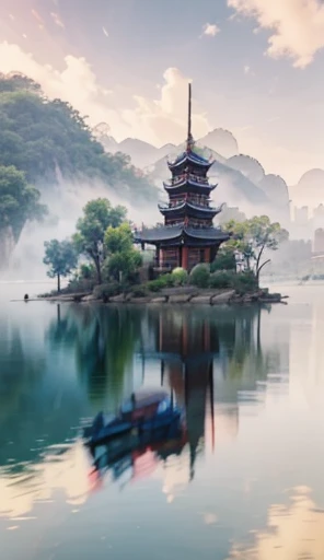 Cuadro de montaña con pagoda en una pequeña isla, estilo acuarela china, estilo de pintura china, pintura digital de una pagoda, paisaje chino, pintura de acuarela tradicional china, pinturas chinas, Estilo de arte japonés, Acuarela de alto detalle 8K, acuarela muy detallada 8k, pintura detallada 4k, Autor：Héroes, pintura japonesa, Autor：Qu Leile