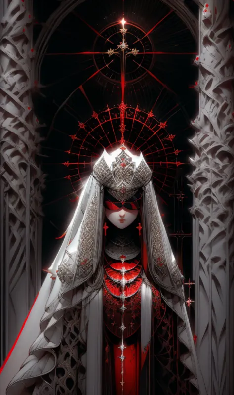 the goddess by shadrach jaroshelev, in the style of gothic futurism, dark white and light red, hyper-detailed illustrations, uhd...