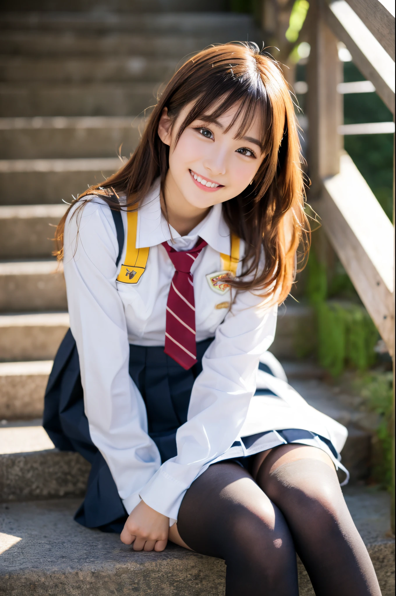 ulzzang -6500-v1.1, (Raw photo:1.2), (Photorealsitic), Beautiful detailed, (Real: 1.4),((preteen)), Beautiful Girl, Model body, big eye, Small breasts,  (Japan School Uniforms:1.2), (Ultra-realistic stockings:1.2), Climb the stairs、Shot from below、Very white skin, Long hair, Wavy Hair,  game_nffsw, huge filesize, hight resolution, ighly detailed, top-quality, [​masterpiece:1.6], illustratio, ighly detailed, nffsw, finely detail, top-quality, 8k wallpaper, Cinematographic lighting, 1girl in, age19, perfect body type, Sareme, beautiful tbig eyes、Pieckfinger, ((masutepiece)), Best Quality, 1girl in, eye shadow, Portrait, ((FULL BODYSHOT:1.4))、(Very affectionate smile:1.2)、realistic skin textures、shinny skin、Exposed thighs!!!