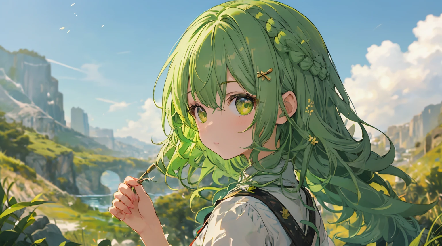 ​masterpiece, top-quality, Ultra-detail, absurderes, colourfull, 1girl in, solo, facing back、yellow  eyes, Green hair, Braids, A detailed eye, roll up eyes, Eye lashes, Look at viewers, full body Esbian, chibi outdoor, naturey, cloud, Grassy, Blue theme, spark of light, Hair Bow