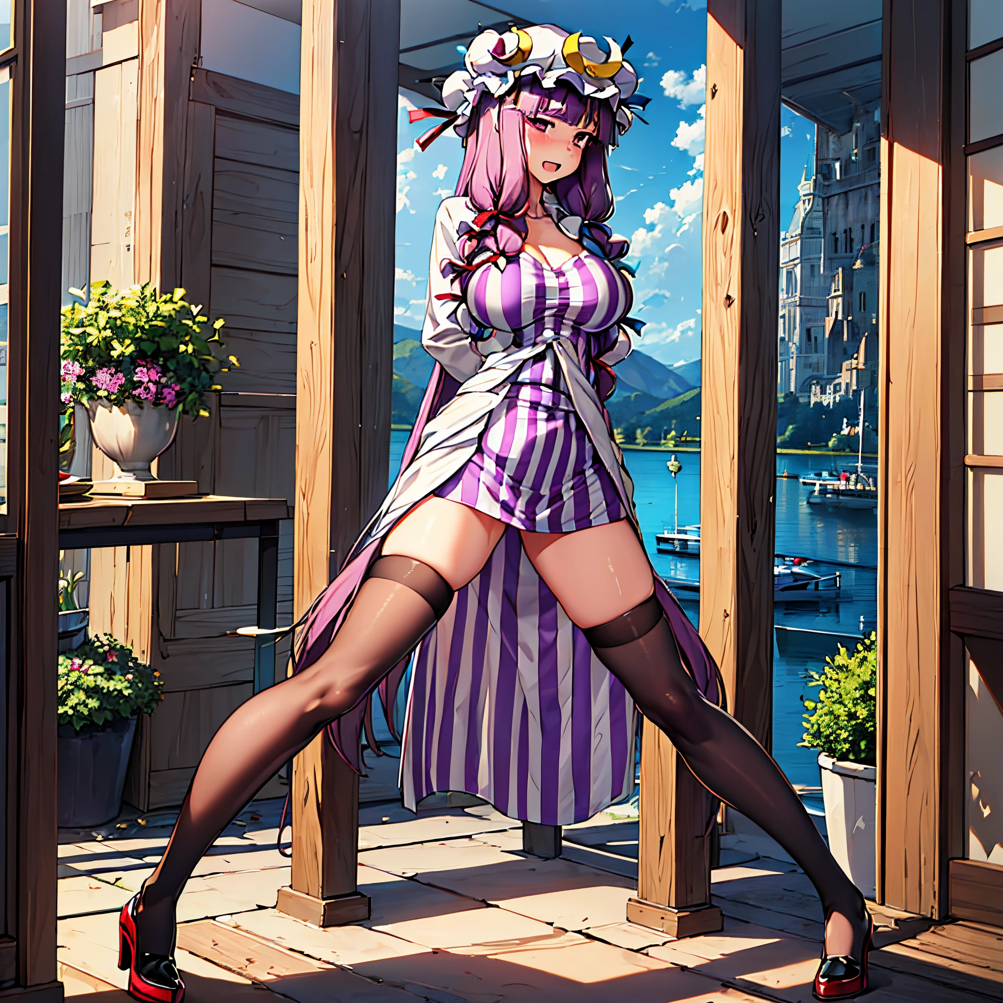 (solo Patchouli standing with open thin legs wide:1.8), (open slim thighs:1.5), solo, (standing at lakeside forest:2.0), BREAK, (thin long legs:1.5), (short torso:1.5), (large perky breasts:1.4), (thin waist:1.2), (arms behind back:1.5), BREAK, (long black thighhighs:1.4), (very short skirt:1.8), highheels, (pigeon toed:1.2), BREAK, (long hair flapping in wind:1.5), BREAK, smile for viewer, nose blush, open mouth, heavy breathing, BREAK, full body, masterpiece