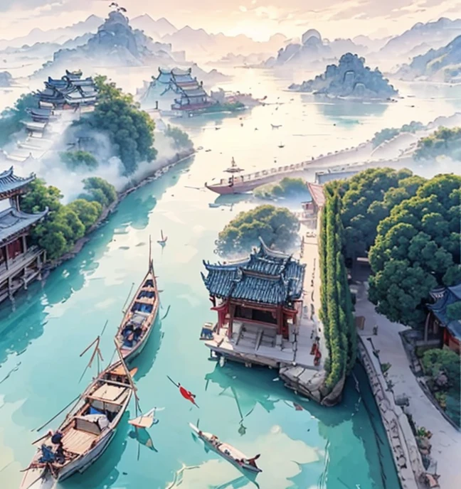 ( (8K:1.27), quality, tmasterpiece, 超高分辨率:1.2) ，Ink painting of ancient buildings on the island，the tower、that tree, Yang Jie&#39;s meticulous paintings, pixiv, Modern European ink painting, chinese watercolor style, highly detailed water colour 8 k, High detail watercolor 8K, Detailed 4K drawing of a boat carrying people on the lake,Hot topics on artstation,chinese watercolor style, chinese painting style, Dream Chinatown, chinese paintings, detailed painting 4 k, A beautiful artistic illustration, highly detailed water colour 8 k， (Beautiful wonderland:1.1)