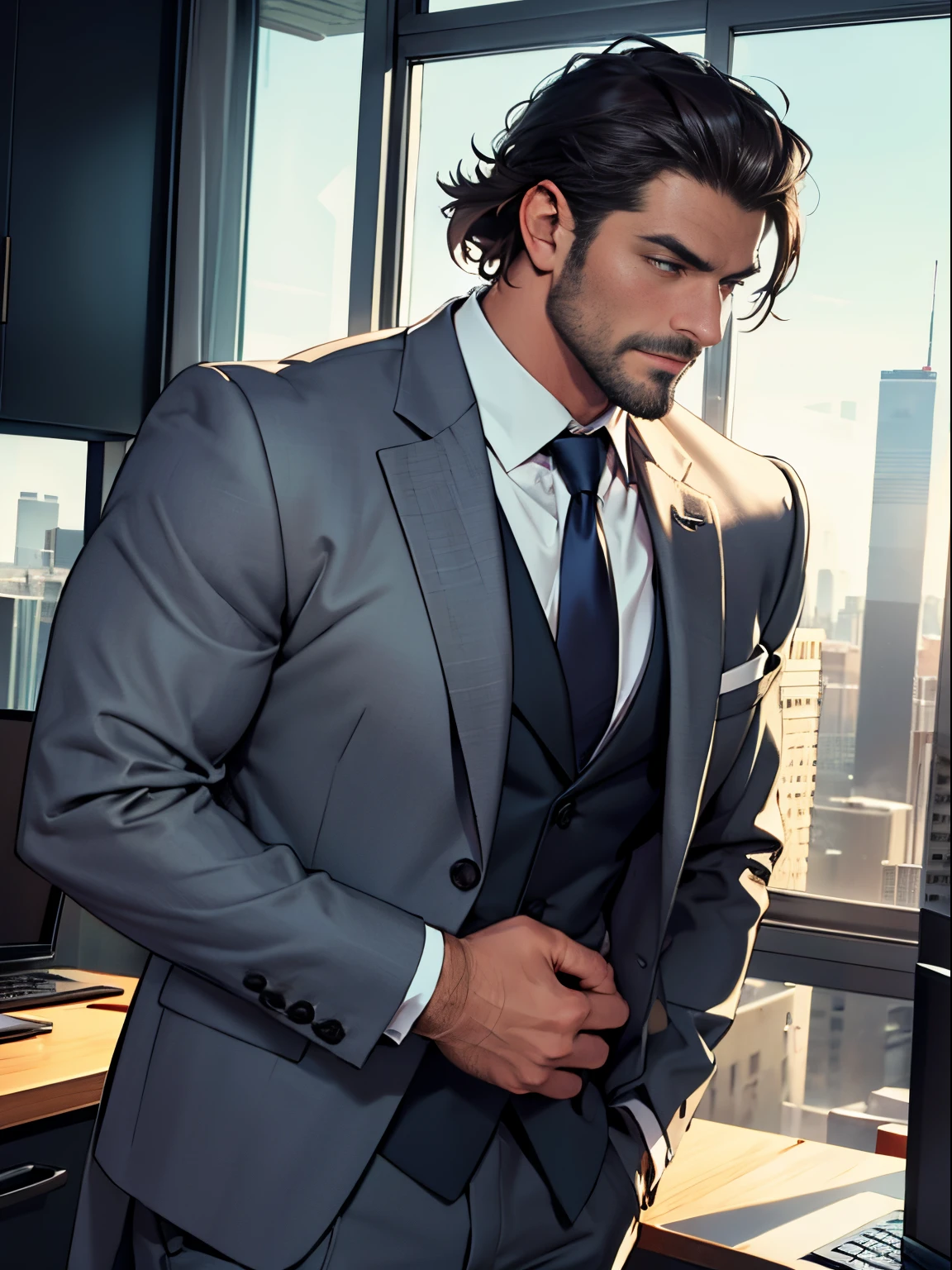 distinguished gentleman in a tailored suit, mature, stubble, CEO in an office skyline view, confident posture, muscular, revealing clothes