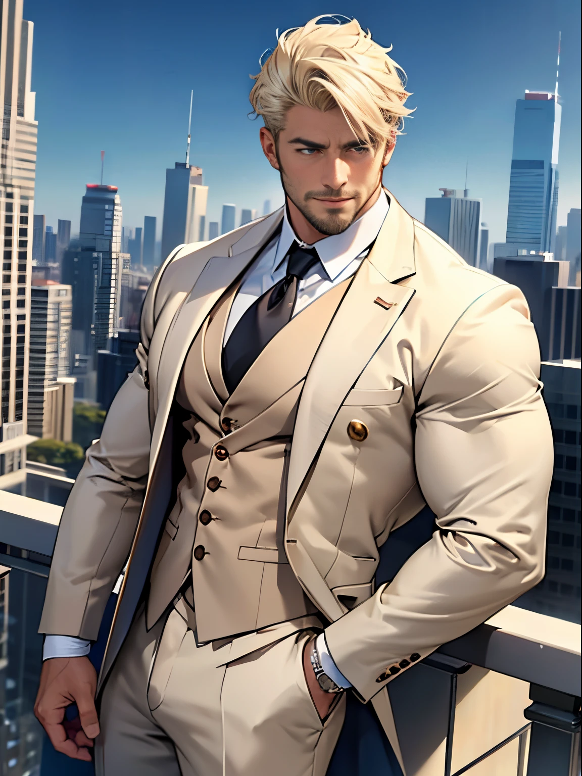 distinguished gentleman in a suit, light-colored hair, chest revealed, bare chest, pec muscles, buttons open, mature, stubble, CEO in a penthouse skyline view, confident posture, muscular, revealing clothes