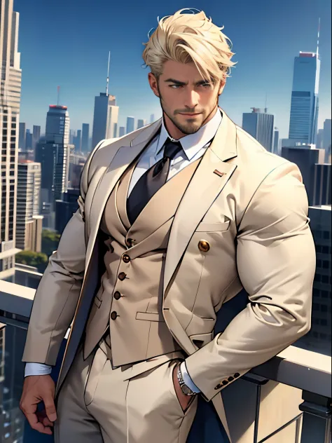 distinguished gentleman in a suit, light-colored hair, chest revealed, bare chest, pec muscles, buttons open, mature, stubble, C...
