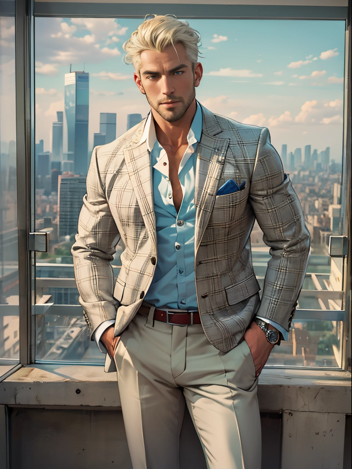 distinguished gentleman in a suit, light-colored hair, chest revealed, bare chest, pec muscles, buttons open, mature, stubble, CEO in a penthouse skyline view, confident posture, muscular, revealing clothes