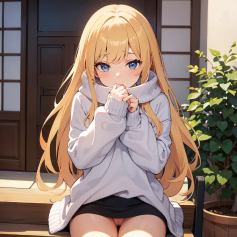 1girl,wearing sweater,no pants, hands covering mouth, cum