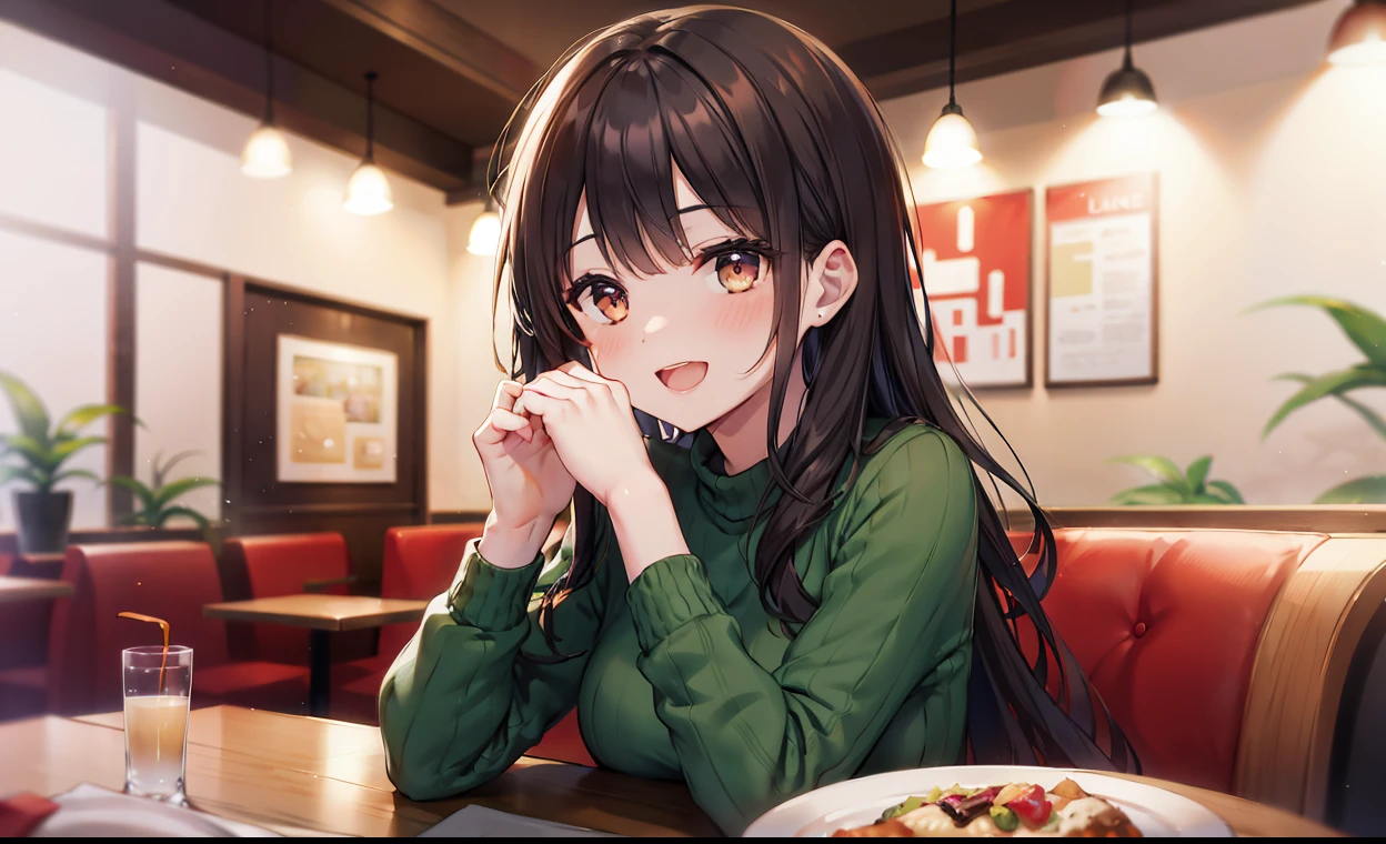 The background is a restaurant、The table、Dining、a chair、walls、abajour