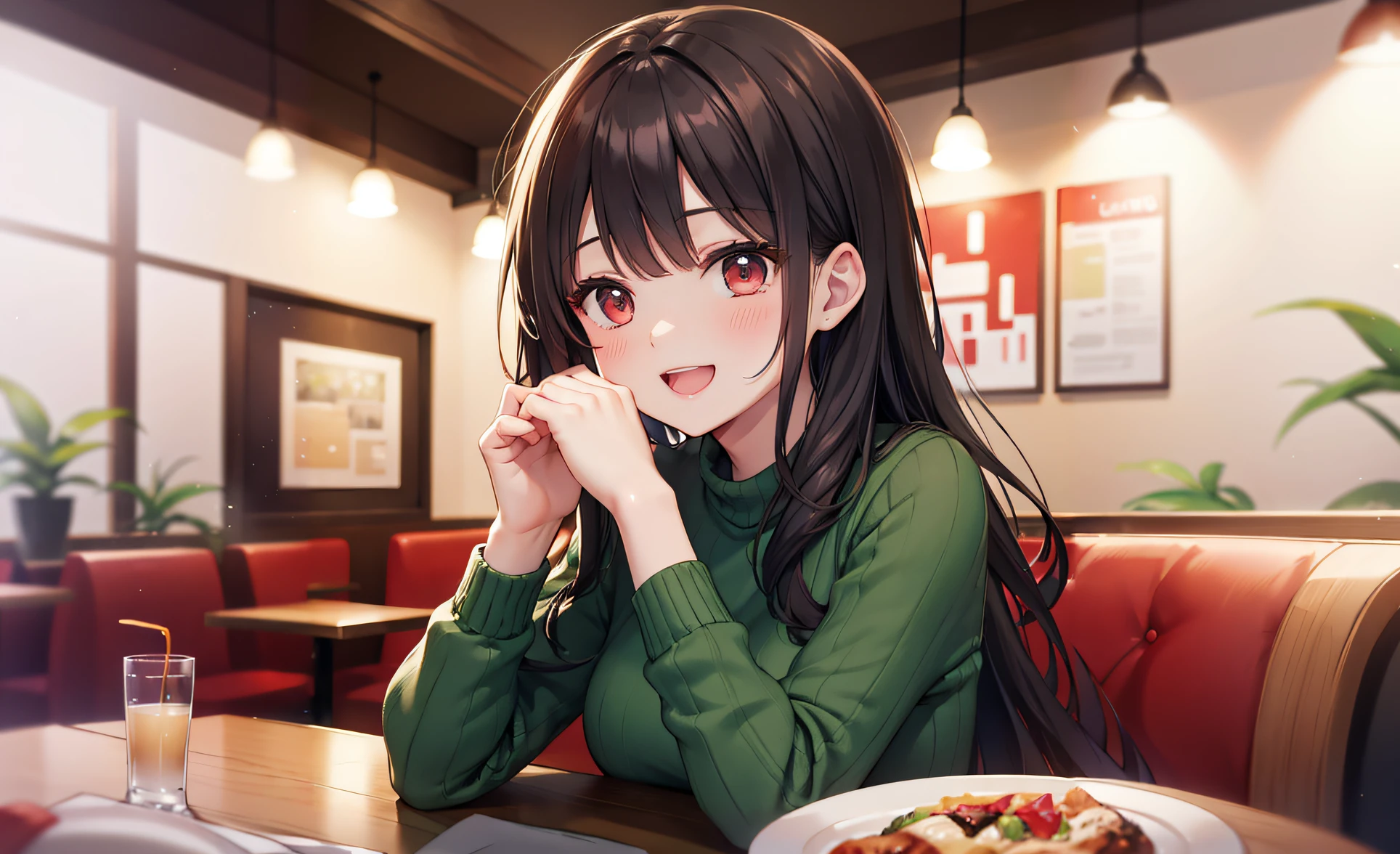 The background is a restaurant、The table、dining、a chair、walls、abajour