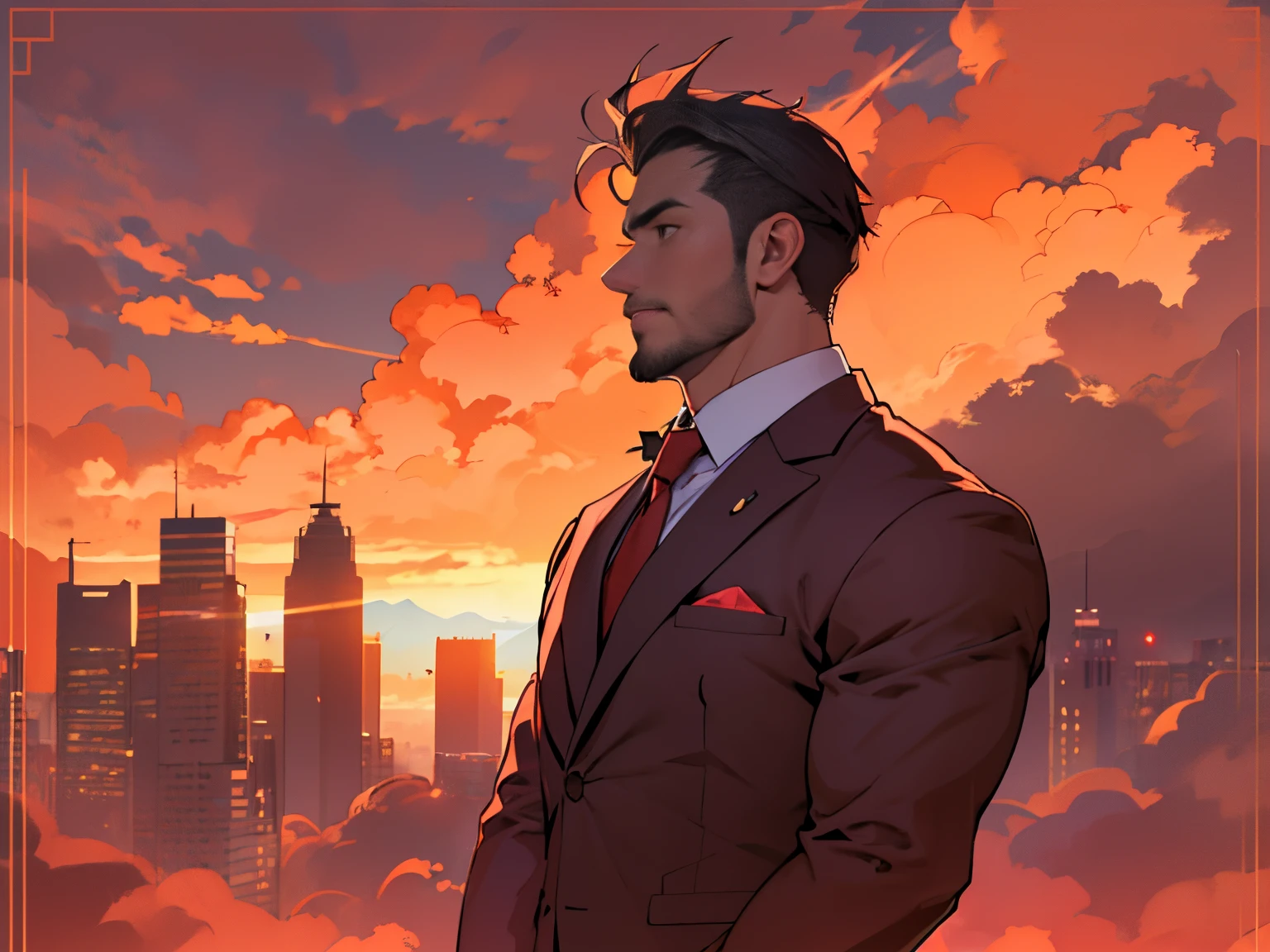 distinguished gentleman in a suit, upper body in frame, head in frame, sihouette in the sunset, orange-red sky, thick cloud, chest revealed, bare chest, pec muscles, buttons open, mature, stubble, CEO in a penthouse skyline view, confident posture, muscular, revealing clothes