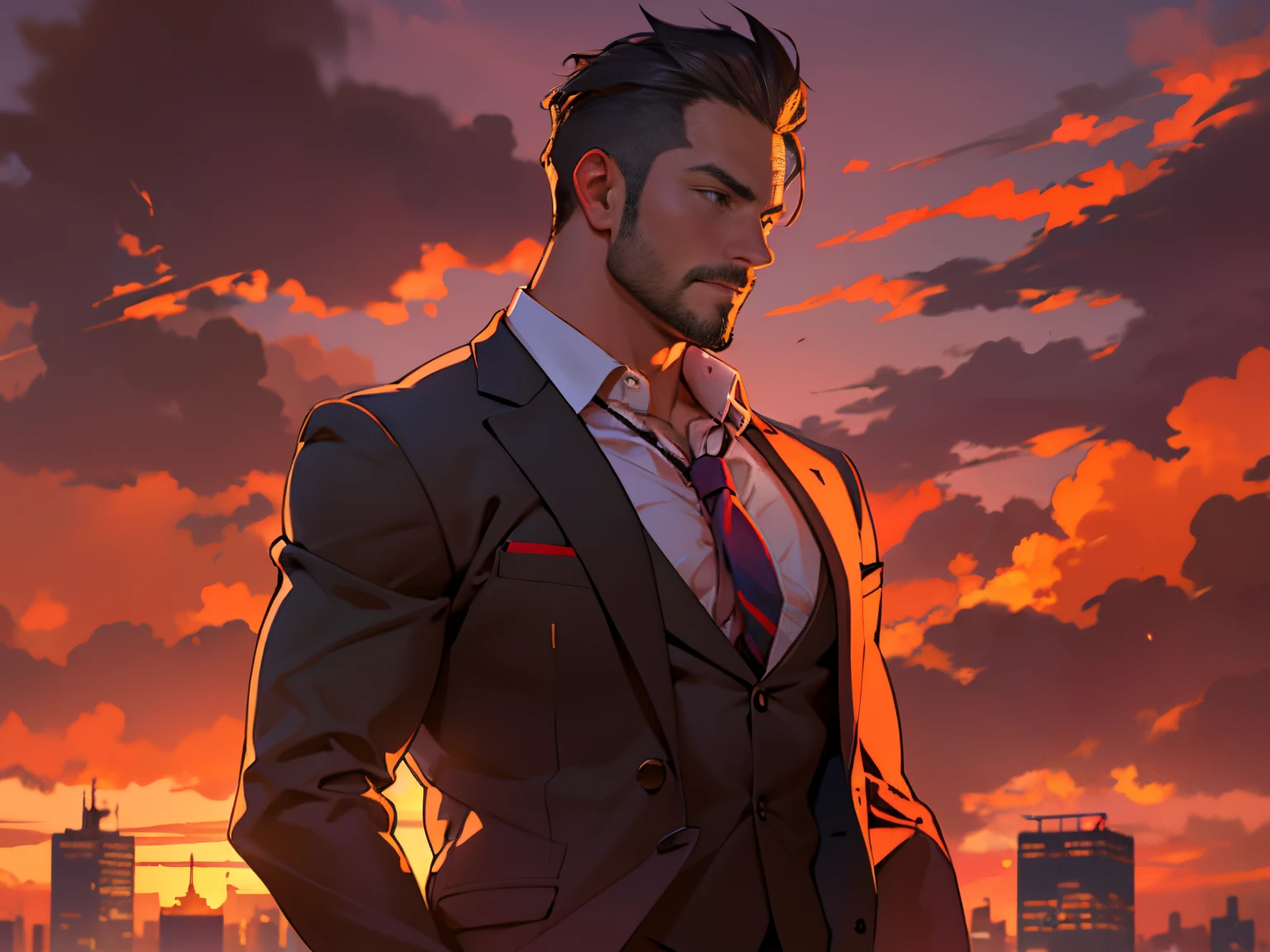 distinguished gentleman in a suit, upper body in frame, head in frame, sihouette in the sunset, orange-red sky, thick cloud, chest revealed, bare chest, pec muscles, buttons open, mature, stubble, CEO in a penthouse skyline view, confident posture, muscular, revealing clothes