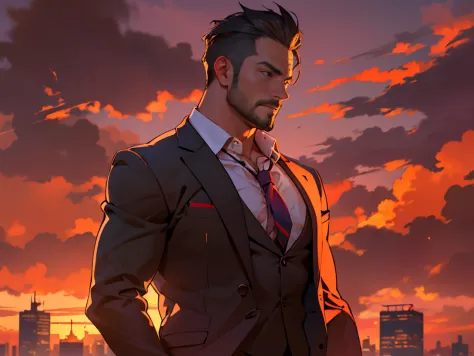 distinguished gentleman in a suit, upper body in frame, head in frame, sihouette in the sunset, orange-red sky, thick cloud, che...
