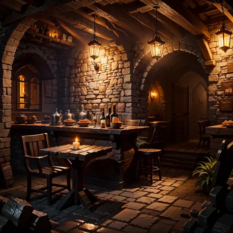 Uma taverna medieval com mesa, canecas de cerveja, candle lighting,  Rustic stone wall