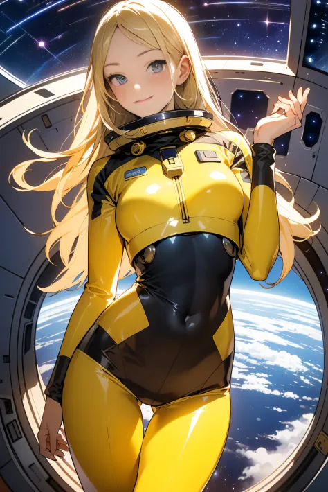 (masterpiece, best quality:1.2), (cowboy shot:1.1), solo, 1girl, mori yuki, slight smile, closed mouth, side view, looking at viewer, blonde hair, long hair, thigh gap, yellow bodysuit, skin-tight, perfect body, large window, (starship porthole:1.3), (spre...