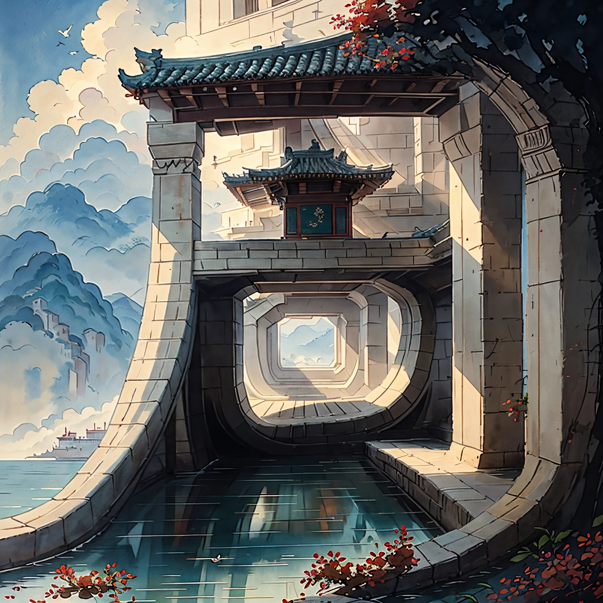 (عمق التأثير الميداني) (مجموعة الهندسة المعمارية الصينية القديمة في جزيرة معزولة), (برج, مبنى) (جناح,أشجار متنوعة, سحاب, اشجار خضراء, اشجار القيقب, أشجار حمراء, الحجارة الصغيرة, الطيور الصغيرة), نمط الألوان المائية الصينية, (أسلوب الرسم الصيني), المناظر الطبيعية الصينية,اللوحات المائية الصينية التقليدية,اللوحات الصينية,ألوان مائية8K, (خواطر), clear boundaries between ضوء وظل, ضوء وظل, ضوء وظل effect, تحفة,تفاصيل فائقة, عمل ملحمي, عالي الجودة, جودة عالية, مفصل جدا, الفن الرسمي, خلفية 8K موحدة, تفاصيل فائقة,التناقض بين الضوء والظلام.