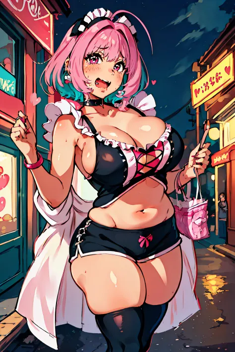 ((Alone)),Pink hair , Two-tone_hair, Bangs, Blue_hair, Pink_Eyes, Short_hair, Ahoge, hair_intakes, blush,Open_Mouth, Large_breasts, tusk, heart mark, 鎖骨, Jewelry,(Very embarrassing),up of face,((Black Maid Outfit)),Pretty big,Muchimuchi's body,bbw,Navel,A ...