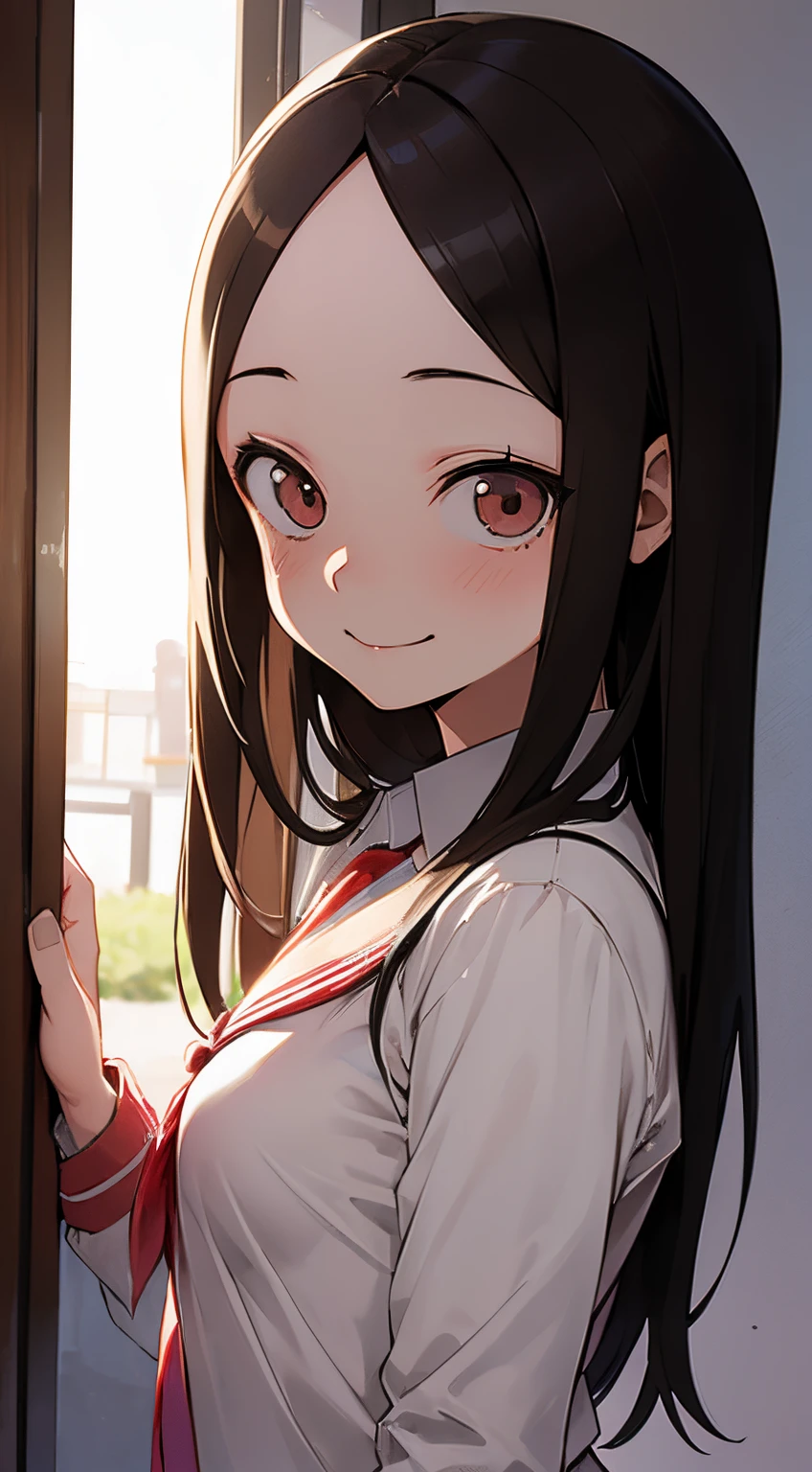 (((masterpiece))), Takagi, in a brighter outdoor, innocent smile, long hair, wearing school uniform