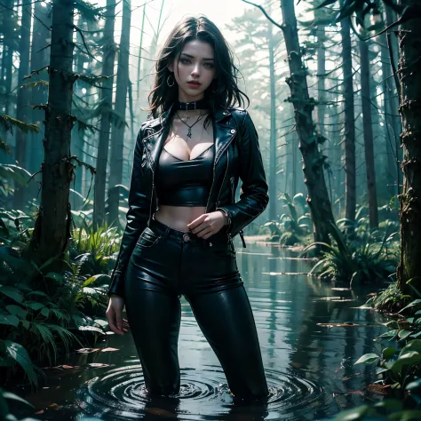 The girl stands seductively in the dark, forest swamp in gothic style. She&#39;s wearing skinny jeans, emphasizing her shape., l...