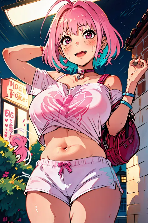 ((Alone)),Pink hair , Two-tone_hair, Bangs, Blue_hair, Pink_Eyes, Short_hair, Ahoge, hair_intakes, blush,Open_Mouth, Large_breasts, tusk, heart mark, 鎖骨, Jewelry,(Very embarrassing),up of face,((Reveal clothing)),Pretty big,Muchimuchi's body,bbw,Navel,A sm...