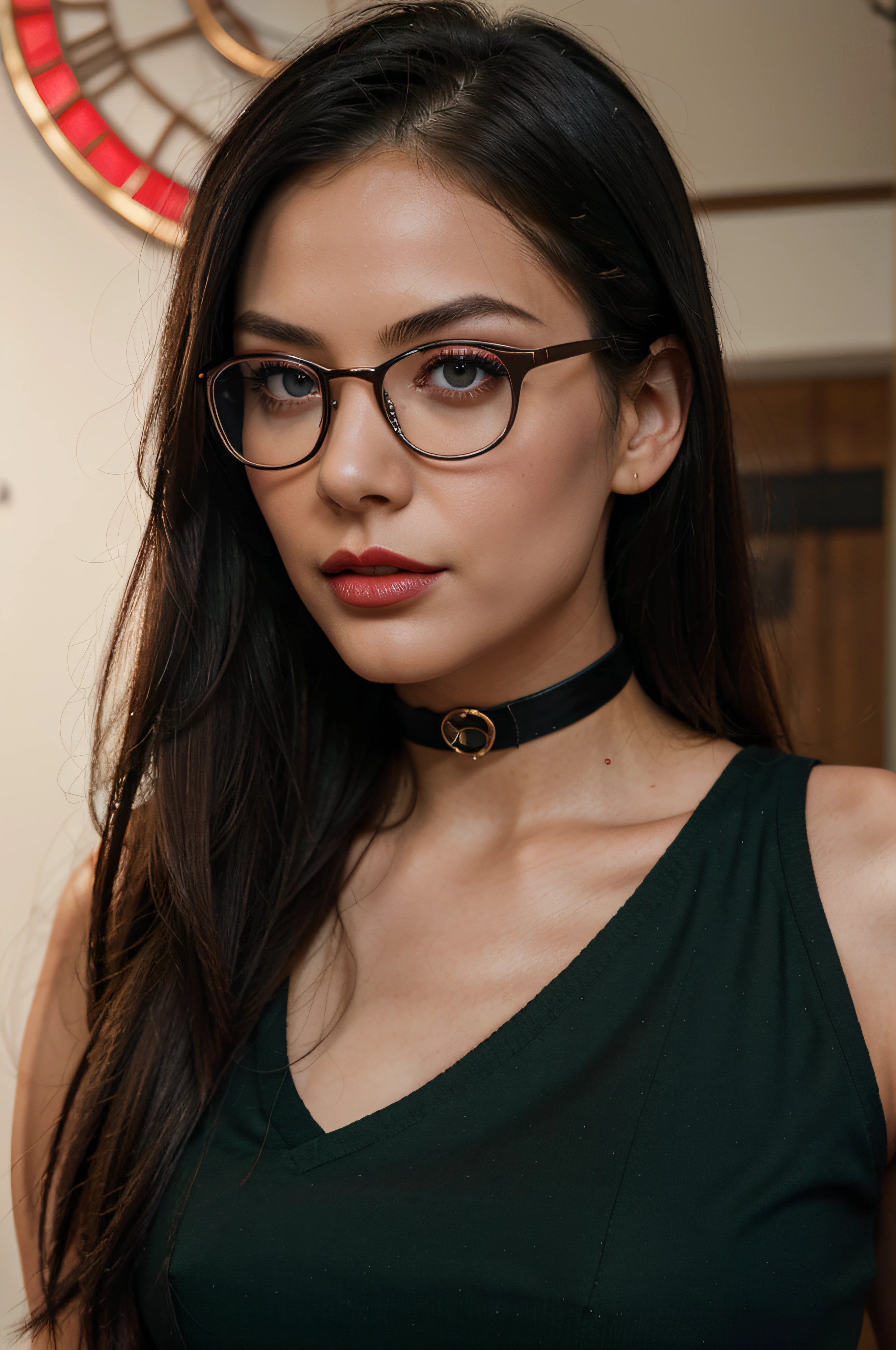 A woman wearing glasses and a choker posing for a picture - SeaArt AI