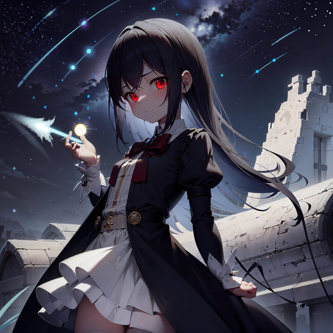 ​masterpiece, accel_nffsw,｛Little Boy｝ Magical Girl Clothes, red eyes, up close shot, scattered night flash background, under the starry sky;Meteor shower background, ighly detailed, (murky:1.3), murky, The dim, nffsw, vignettes, Unclean, (Slate atmosphere:0.8)，Shining starry sky