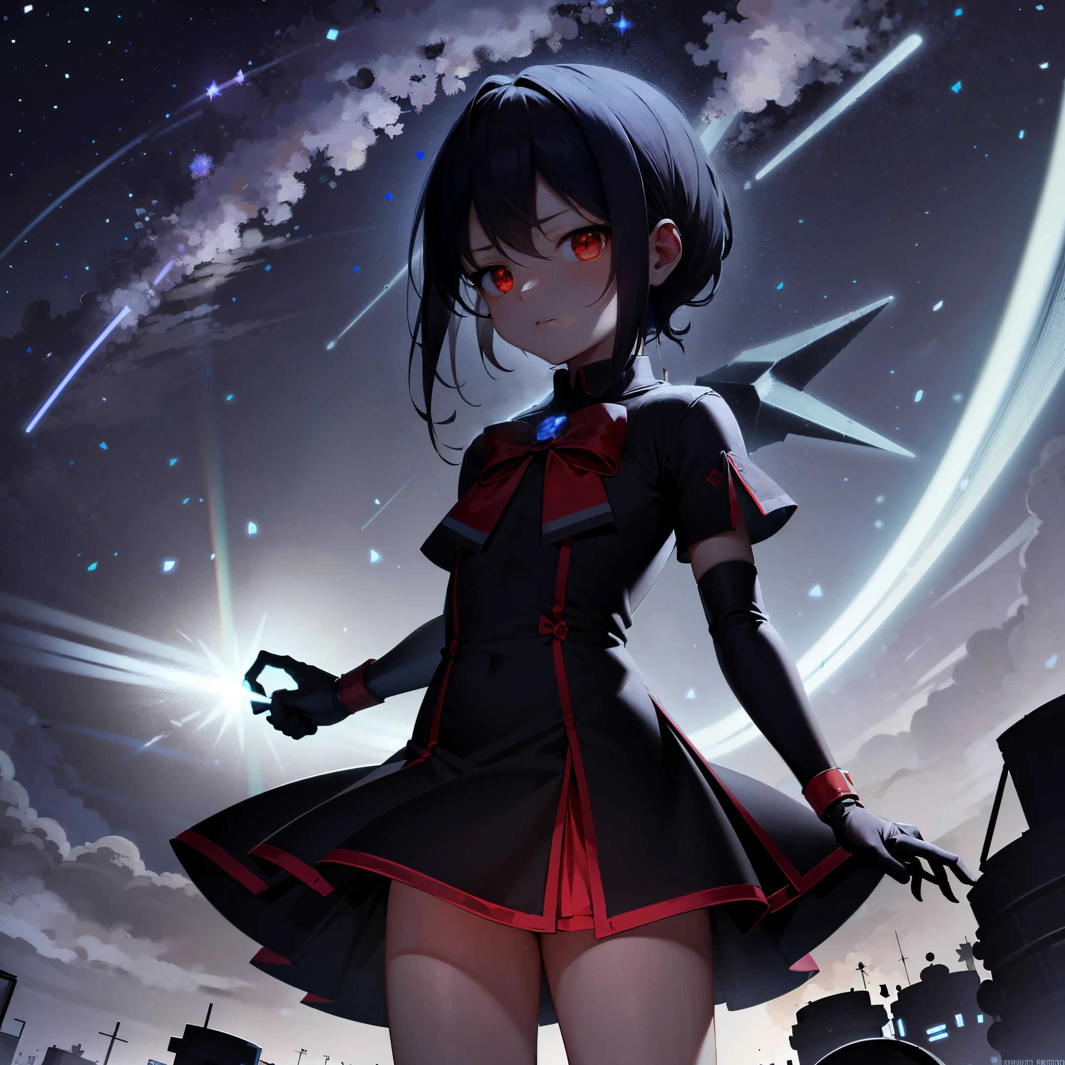 ​masterpiece, accel_nffsw,｛Little Boy｝ Magical Girl Clothes, A figure that emits light，red eyes, up close shot, scattered night flash background, under the starry sky;Meteor shower background, ighly detailed, (murky:1.3), murky, The dim, nffsw, vignettes, Unclean, (Slate atmosphere:0.8)，Shining starry sky