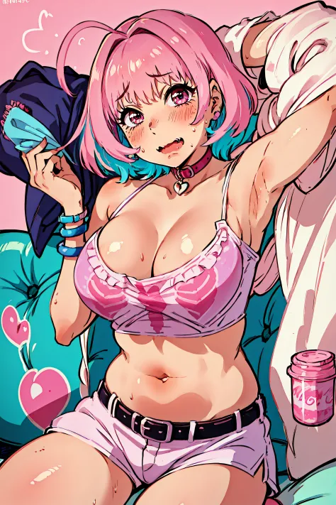 ((Alone)),Pink hair , Two-tone_hair, Bangs, Blue_hair, Pink_Eyes, Short_hair, Ahoge, hair_intakes, blush,Open_Mouth, Large_breasts, tusk, heart mark, 鎖骨, Jewelry,(Very embarrassing),up of face,((Fluffy clothes)),Pretty big,Muchimuchi's body,bbw,Navel,A smi...