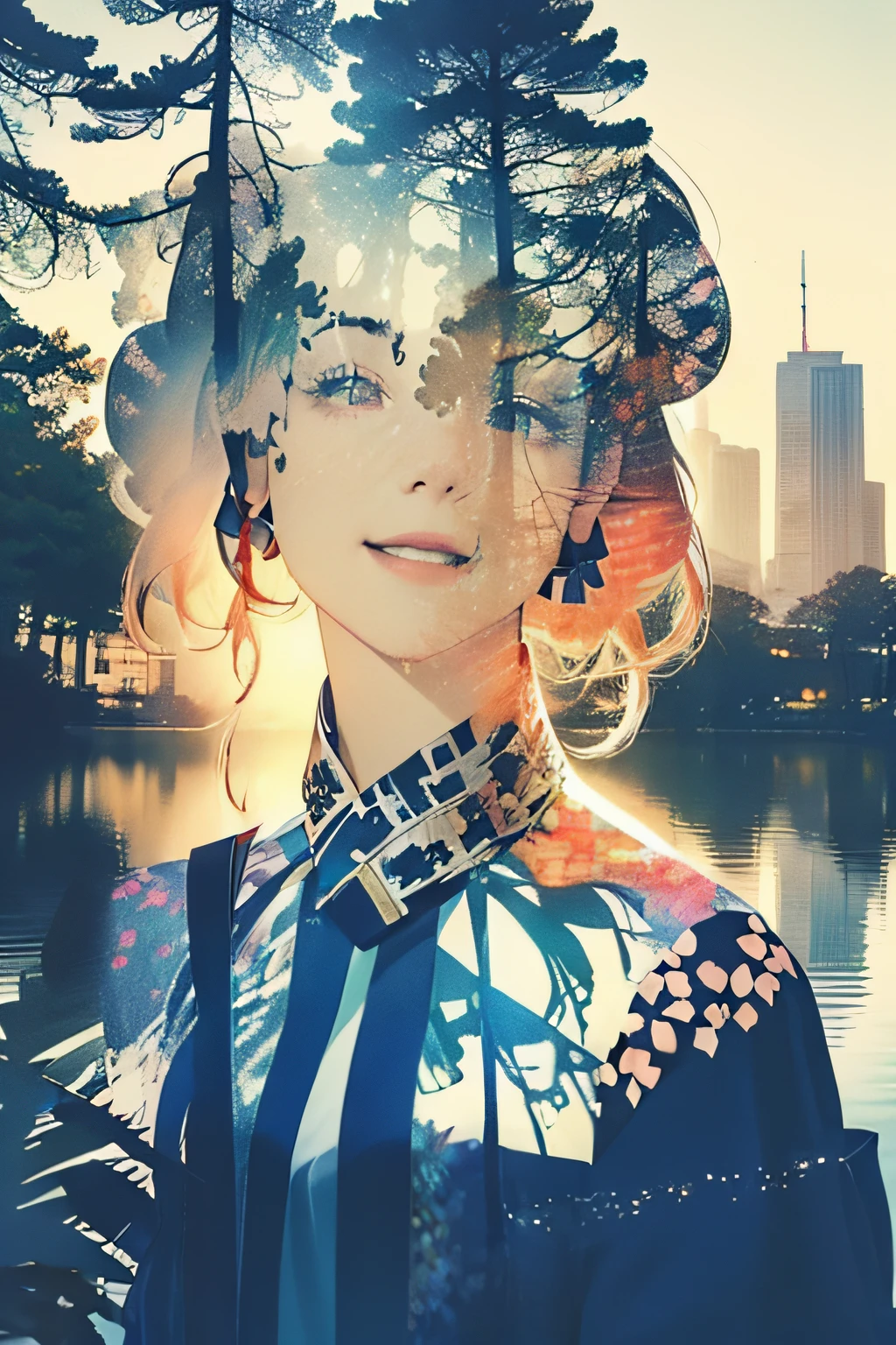 photoRealstic、((Super multiple exposure effect where the background can be seen through the clothes))、girl with、A smile、Lakeside in the background、Wonderful、towards the night view, If you leave the shutter open for a long time、create a line of light.