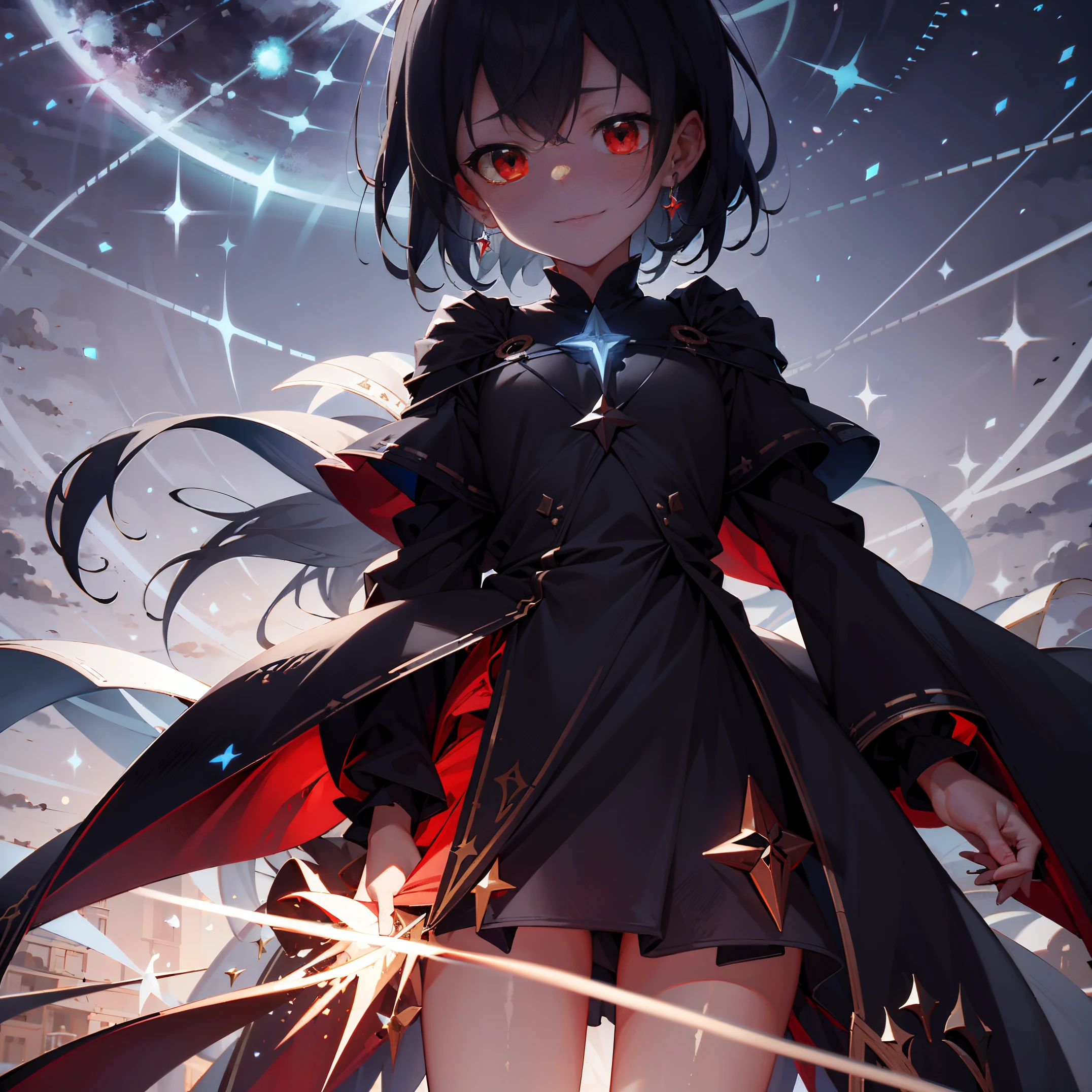 ​masterpiece, accel_nffsw,｛Little Boy｝ Magical Girl Clothes, figure of setting fire，red eyes, up close shot, scattered night flash background, under the starry sky;Meteor shower background, ighly detailed, (murky:1.3), murky, The dim, nffsw, vignettes, Unclean, (Slate atmosphere:0.8)，Shining starry sky