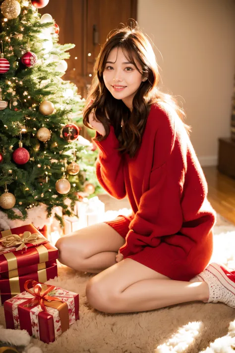 girl,Christmas tree,Brown hair,christmas ornaments,gifts,Kneeling,long whitr hair,Brown eyes,Christmas,box,gift boxes,Sweaters,Red shoes,ssmile,sleeve past wrist,bshoulders,Christmas lights,from one side,from one side,Look into the distance