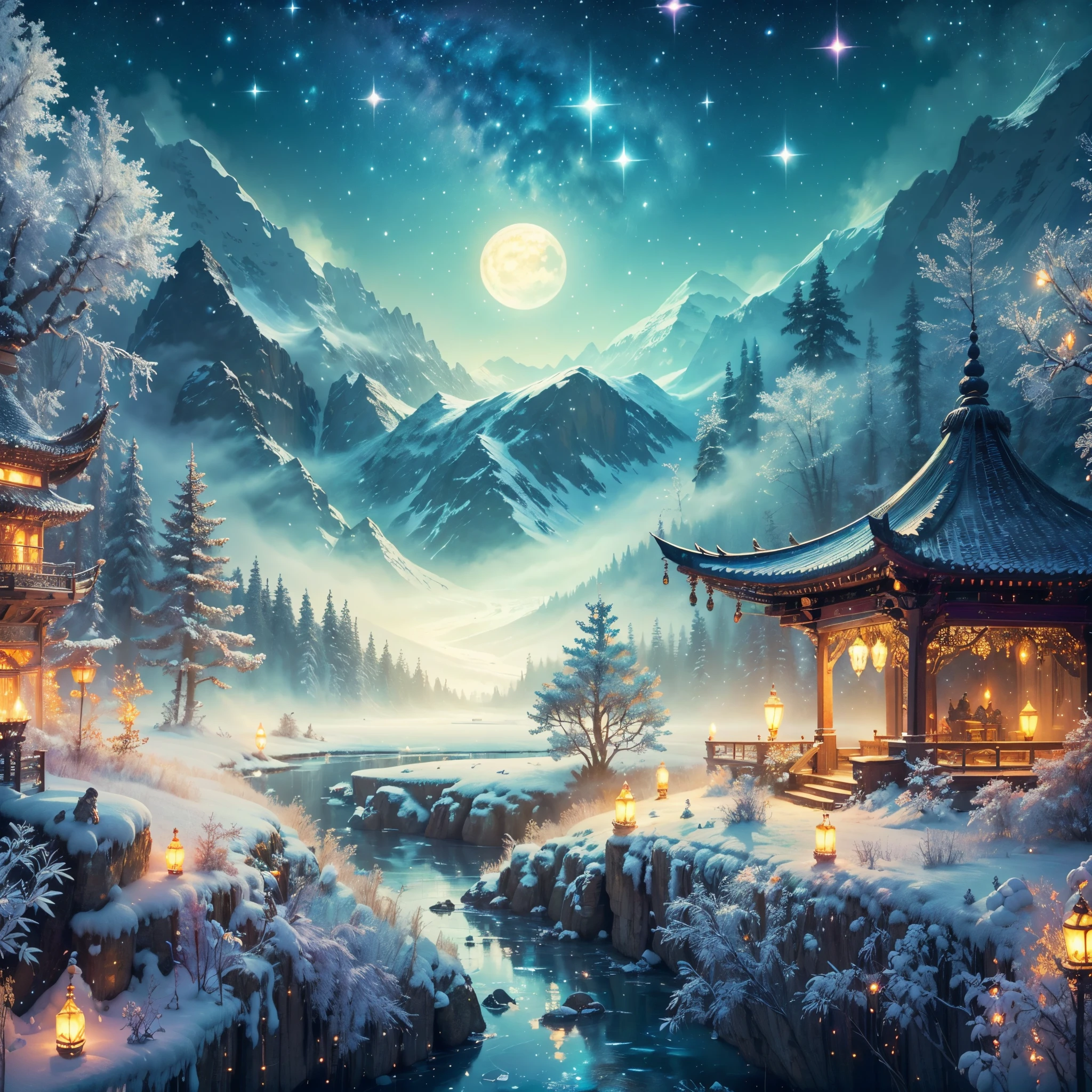 (tmasterpiece),（ultra - detailed：1.3），Best quality at best，(Sparkling: 1.2), (Fantasy and mythical winter wonderland: 1.4), ((fresh, chill, mont, whist, , vastness, bamboo forrest, Frost flowers, diamond, light wind, Bamboo leaves, Sounds of nature, lake, archaic, kiosk, divino, peacful, Calm, Otherworldly, The beautiful, peacful, secluded, treasures, naturey, magia, creativity)), Illustration style, et les embellissements, Dreamy winter wonderland, Lovely design style, natta, snow field, moon full, vivd colour, （Very meticulous，Reasonable design，Clear lines，High- sharpness，tmasterpiece，offcial art，movie light effect，8K)