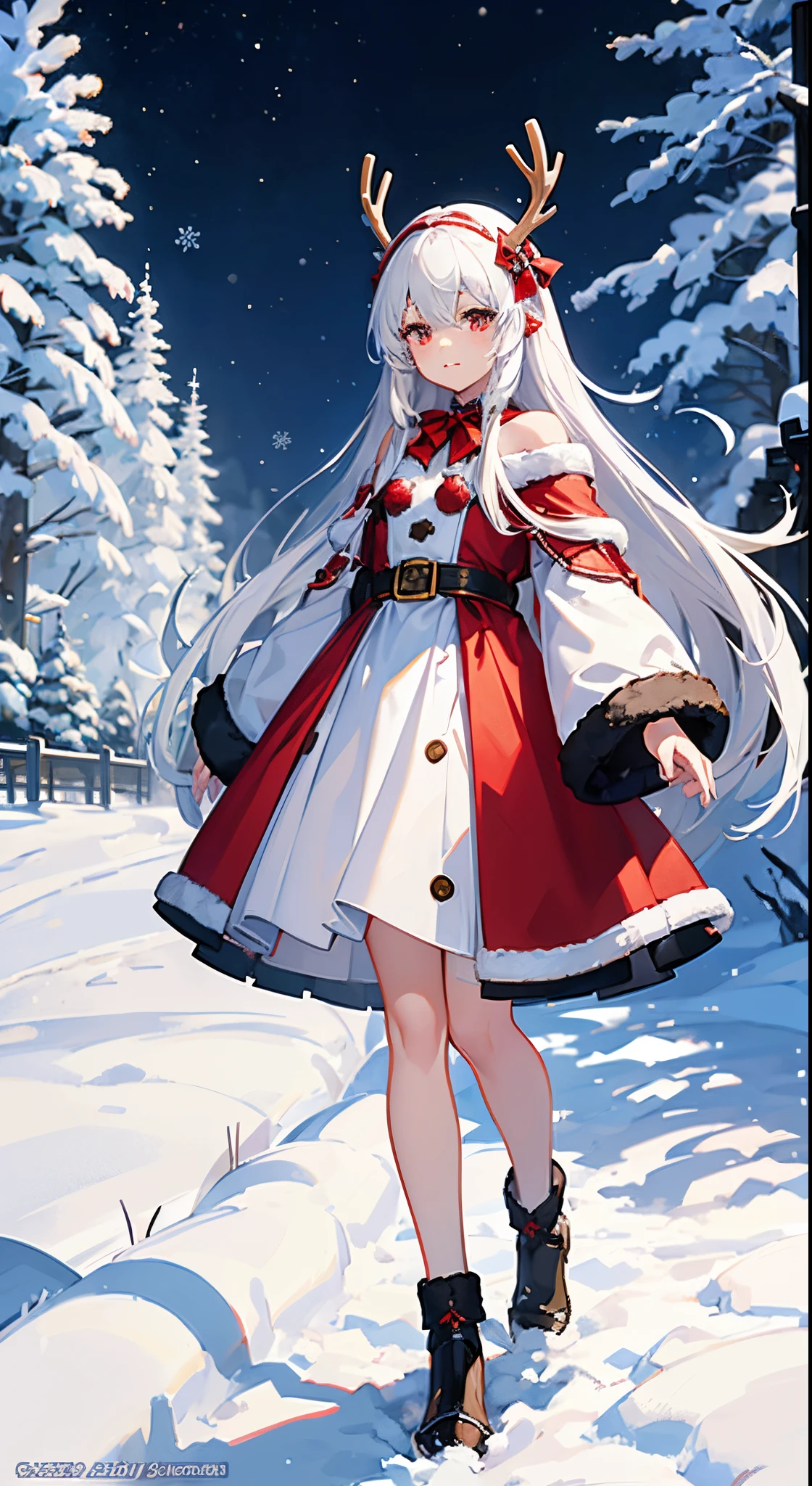 Snowflakes Gently falling snowflakes are a winter wonderland、snowy forest、(Full body portrait of cute silver-haired female Santa Claus)、Reindeer Horn Headband "snowscape",Anime girl in a red and white dress and reindeer antlers walks in the snow,little red riding hood costume、 In the snow, winter concept art, Trending on ArtStation pixiv, in snow, Official art, official artwork, at winter, white haired god, official anime artwork, by Shitao, Standing in the snow, Anime visuals of cute girls, High quality anime art style