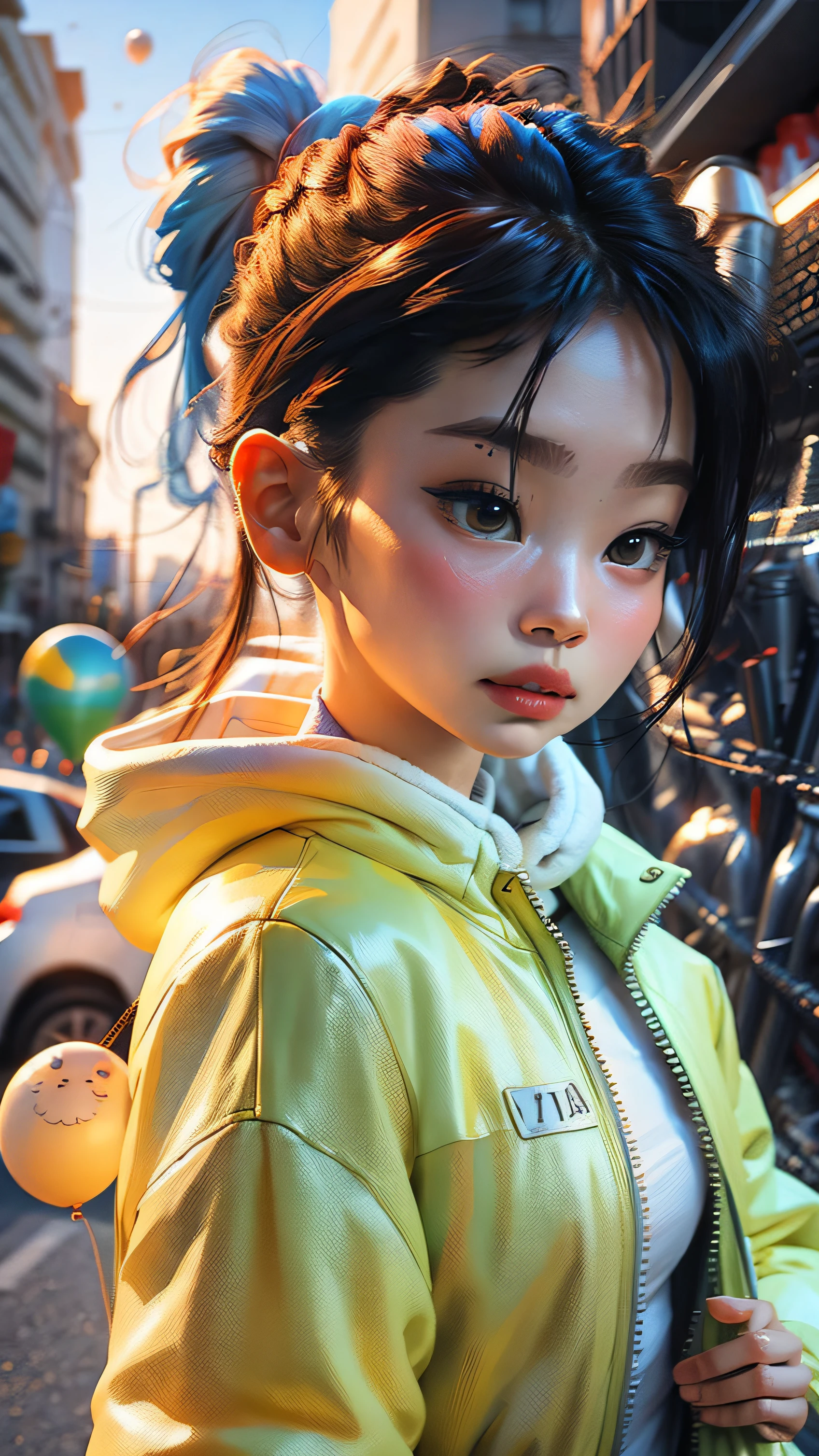 Loli girl, beautiful and cute,  yellow jacket, white sweatshirt, lots of colorful balloons, baby face, chibi style, red and blue two-color hair, ponytail braided hair, perfect detail eyes, delicate face, perfect CG, HD picture quality, colorful balloons, sky, a white truck parked in front of a building,  Jennie kim,